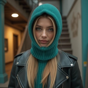 Green Knit Balaclava | Winter Hooded Scarf Hat | Warm Chunky Knit Snood | Soft Wool Blend Beanie | Women’s Ski Mask for Cold Weather Gift