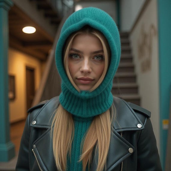 Women\'s Light Green Winter Hat Warm Hooded Scarf Hat Balaclava Knit Skull Beanie Winter Fashion Hats for Women Warm Hooded Scarf Hat for  main image 4