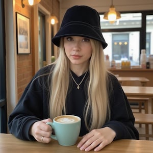 May include: A woman with long blonde hair wearing a black bucket hat and a black sweater sits at a table with a cup of coffee. She is wearing a silver necklace with a small pendant.
