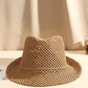 Cute Summer Straw Breathable Hat | Breathable Mesh Beach Hat | Lightweight Vacation Travel Sun Fedora Hat | Open Weave Beach Summer Hat image 4
