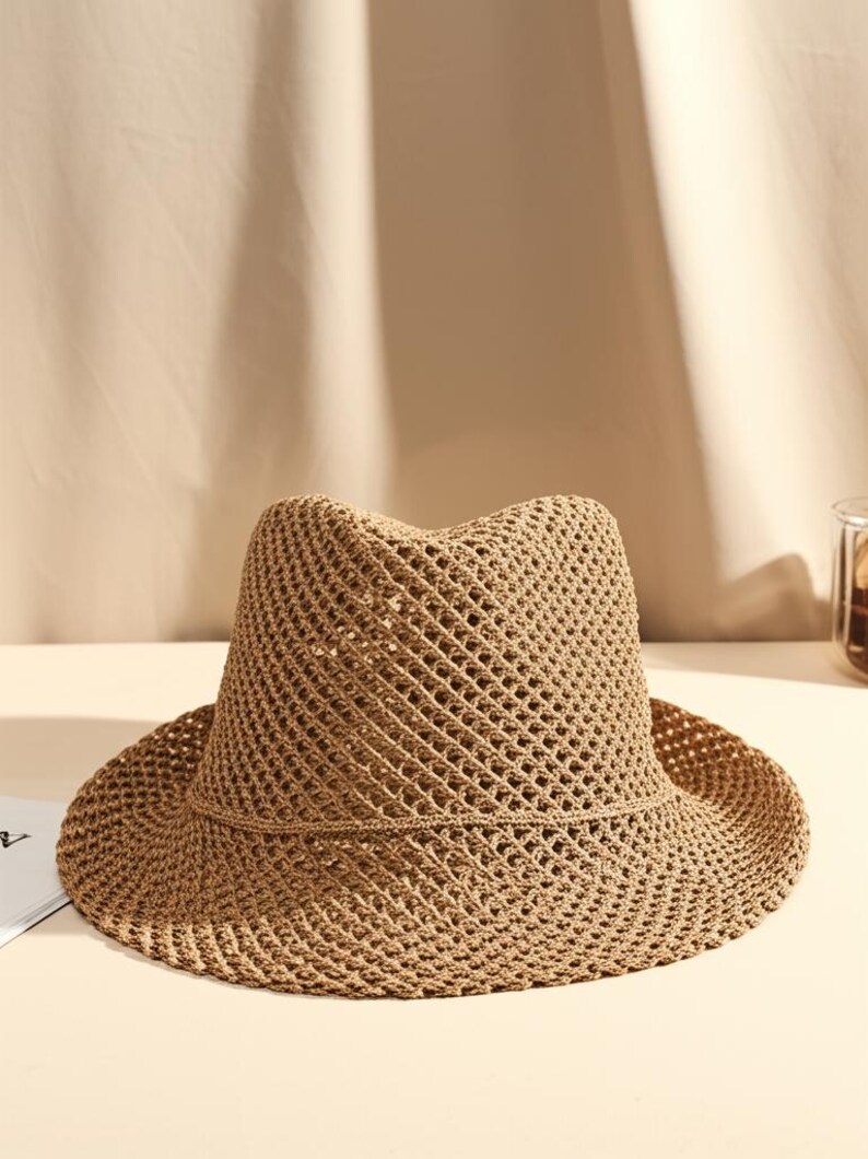 Cute Summer Straw Breathable Hat | Breathable Mesh Beach Hat | Lightweight Vacation Travel Sun Fedora Hat | Open Weave Beach Summer Hat image 4