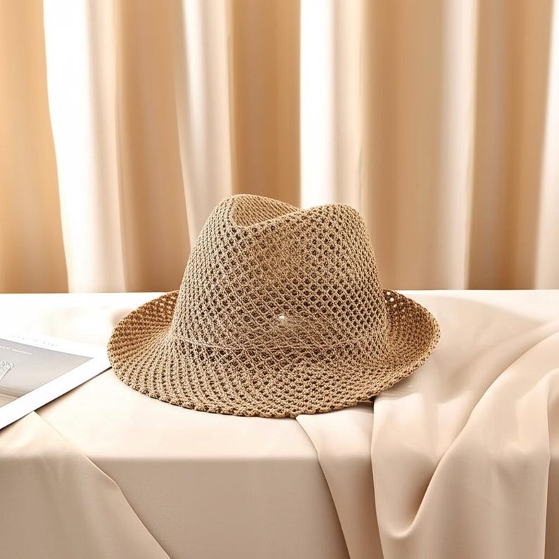 Cute Summer Straw Breathable Hat | Breathable Mesh Beach Hat | Lightweight Vacation Travel Sun Fedora Hat | Open Weave Beach Summer Hat image 2