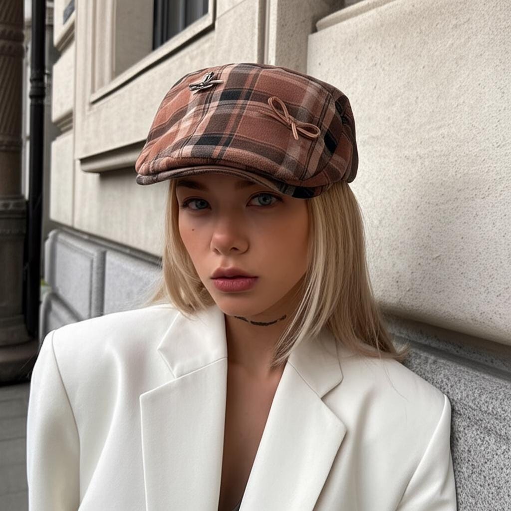 cabbie y2k newspaper bow vintage plaid baker boy cap fair weather one size brown Y2K Baker Boy Plaid Cap With Chain 2000s Checkered Hat  main image 2
