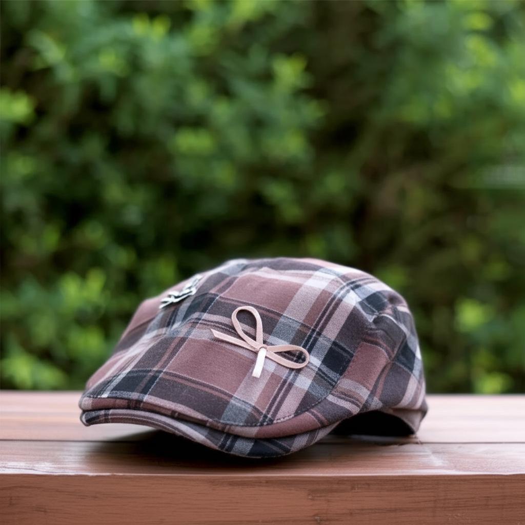 cabbie y2k newspaper bow vintage plaid baker boy cap fair weather one size brown Y2K Baker Boy Plaid Cap With Chain 2000s Checkered Hat  main image 3