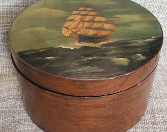 MCM hand painted schooner Boat Ship Trinket Hat Box 12" x 7" Velvet Interior