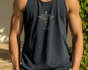 Men’s Tank Top with Winged Staff Design, Minimal Streetwear Muscle Fit Shirt for Gym, Summer, and Casual Outfits