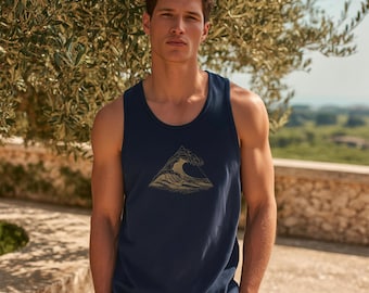 Mens Tank Top with Wave Triangle Design, Sleeveless Summer Shirt, Coastal Muscle Tank, Ocean Graphic Top, Gift for Him