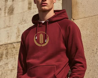 Demeter Emblem Embroidered Men’s Organic Raglan Hoodie Sporty, Extra Soft, Wheat Symbol Design