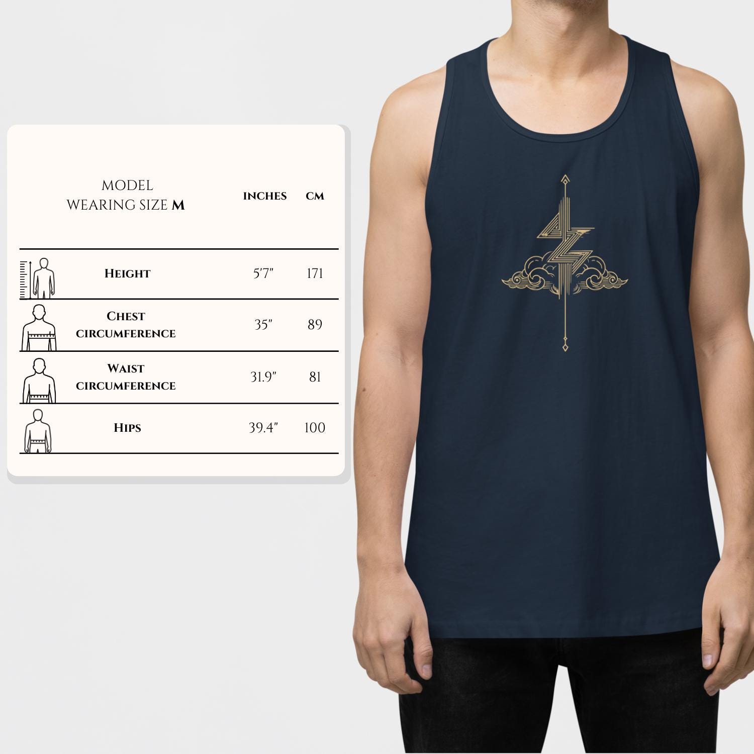 Zeus Men's Tank Top, Minimal Lightning Bolt and Cloud Graphic