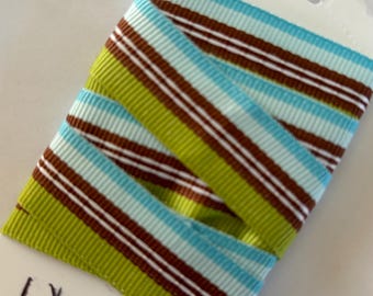BOGO! 1 YARD Striped Colored 3/4” inches wide. Ribbon Sample. Colors are Olive, Brown, White and 2 shades of Blue