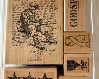 Retired Stampin' Up! Red Rubber Set on Wood. Very Good Condition. Godspeed. Limited Edition, Military. Complete Set of 6.