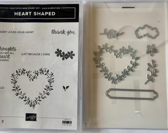 Bundle, Stamp Set & Dies, Retired Stampin' Up! Heart Shaped, Gently Used, Bonus - Free Ink Pad. Sentiments, flowers, leaf.