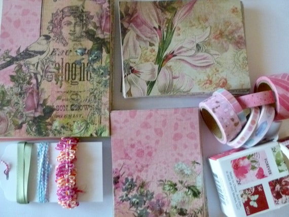 MEGA DIY Card Kit for 4, 6 or 8. 3 Sizes, Soft Combo Pattern Papers with FREE Washi Tape, Postage Stamps. Flowers & Leaves.
