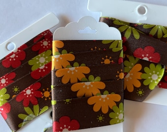 One or Two Yards, Floral Ribbon Samplers. 7/9” wide. Bright Pink, Lime Green and Medium Yellow Flowers. Ribbon Sample. BOGO