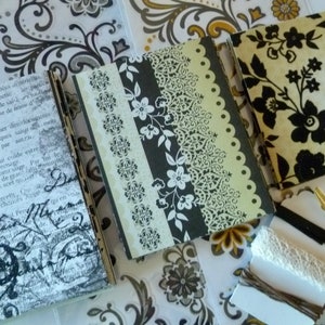 DIY Card Kit for 4, 6 or 8. Script, Swirls. 3 Sizes of Pattern Papers. Vintage Scenes, Black, White, Cream, Kraft, Silvert and Gray