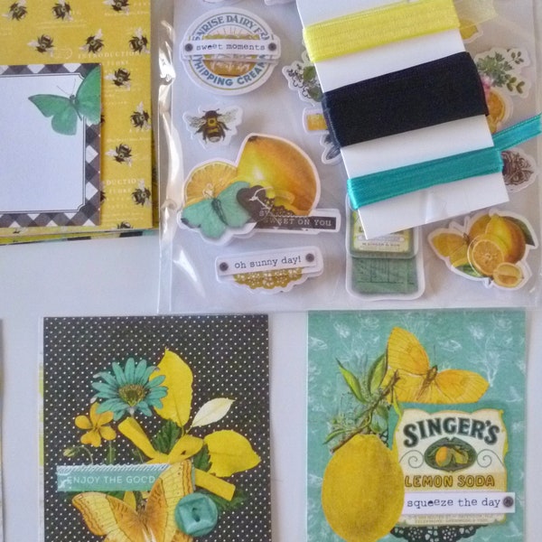 MEGA DIY Card Kit for 4 or 6. Simple Stories - Lemons Twist, Pattern Papers in 3 sizes. Journaling, Fibers, Embellishments, Labels