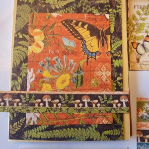 May include: A card with a nature theme featuring a collage of images including a butterfly, flowers, and ferns. The card has a brown, green, and yellow color scheme. The text on the card reads "Nature Sketchbook Collection Mother Earth #4501473".