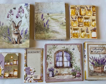 MEGA DIY Collage Card Kit for 4 or 6 with Sample. Asst. Sizes of Lavender Patterns and Papers. Die Cuts, Nature Paper Crafts, Bees, Flowers.