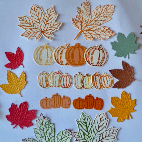 Harvest, Handmade Hand Stamped, Leaves & Pumpkins. 1, 2 or 3 Dozen, Assorted, Fall Colors, Table Decorations, Embellishemnts, Colorful