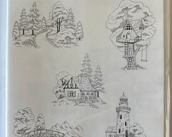 BUNDLE - Framed Scenes Stamp Set & Dies, Brand New, Never Used, Bonus - Free Ink Pad! Retired Stampin’ Up! Lighthouse, Trees, Bridge, Woods