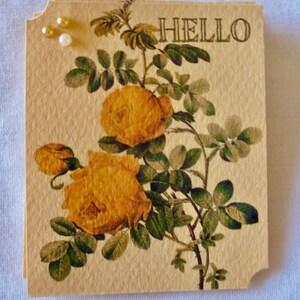 8 Handmade Yellow Rose Tags, 2 1/2 x 2 3/4&quot; Hand Stamped Hello, Notched Corners with Bling, Vintage Look, Roses