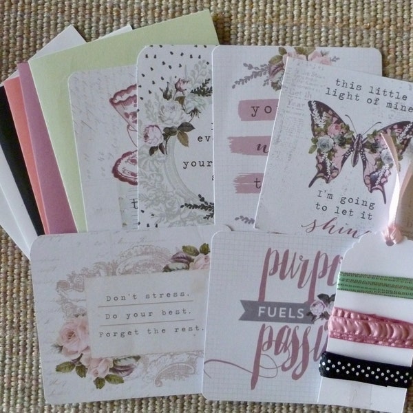 DIY Journaling Card kit for 6. Poetic Rose by Prima. Quality Cardstock, Free Ephemera, Soft Colorblock Pattern Papers, Florals