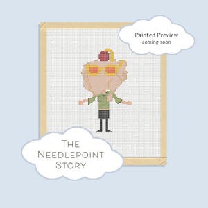 Könnte beinhalten: Ein quadratisches Stickbild mit einem verpixelten Motiv eines Truthahns, der eine gelbe Sonnenbrille und einen roten Hut trägt, dazu ein grünes Hemd und eine schwarze Hose. Der Text "Painted Preview coming soon" und "THE NEEDLEPOINT STORY" erscheint in Wolken.