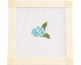 Kit blauwe hortensia: minicanvas voor beginners, borduurnaald bloemen