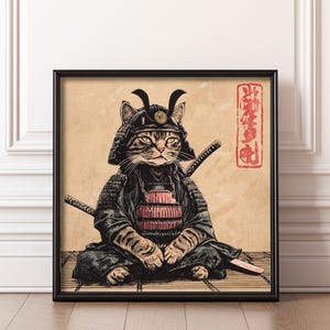 Samurai Cat Wall Art Digital Print Japanese Warrior Cat Illustration Zen Ninja Decor Vintage Style Anime Aesthetic Instant Download