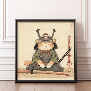 Samurai Cat Wall Art Digital Print Japanese Warrior Cat Illustration Zen Ninja Decor Vintage Style Anime Aesthetic Instant Download