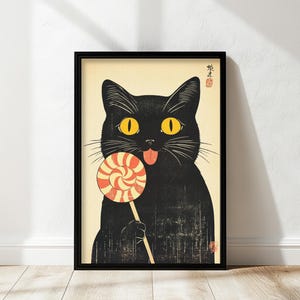 Vintage Cat Poster Funny Cat Wall Art Kitchen Decor Black Cat Retro Japanese Inspired Digital Download, Unique Cat Lover Gift