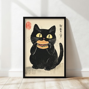 Vintage Cat  Poster, Funny Black Cat Wall Art, Kitchen Decor, Japanese Inspired Cat Digital Download, Unique Cat Lover Gift Eating Hamburger