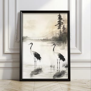 Vintage Japanese Wall Art Cranes Ink Black Minimalist Art Print Black and White Trendy Wall Art Vintage Print Aesthetic Wall Art