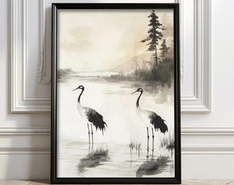 Vintage Japanese Wall Art Cranes Ink Black Minimalist Art Print Black and White Trendy Wall Art Vintage Print Aesthetic Wall Art