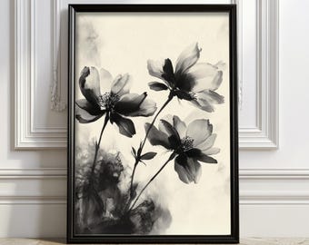 Arte de pared floral japonés vintage, impresión artística minimalista en tinta negra, arte de pared moderno en blanco y negro botánico, impresión vintage, arte de pared estético