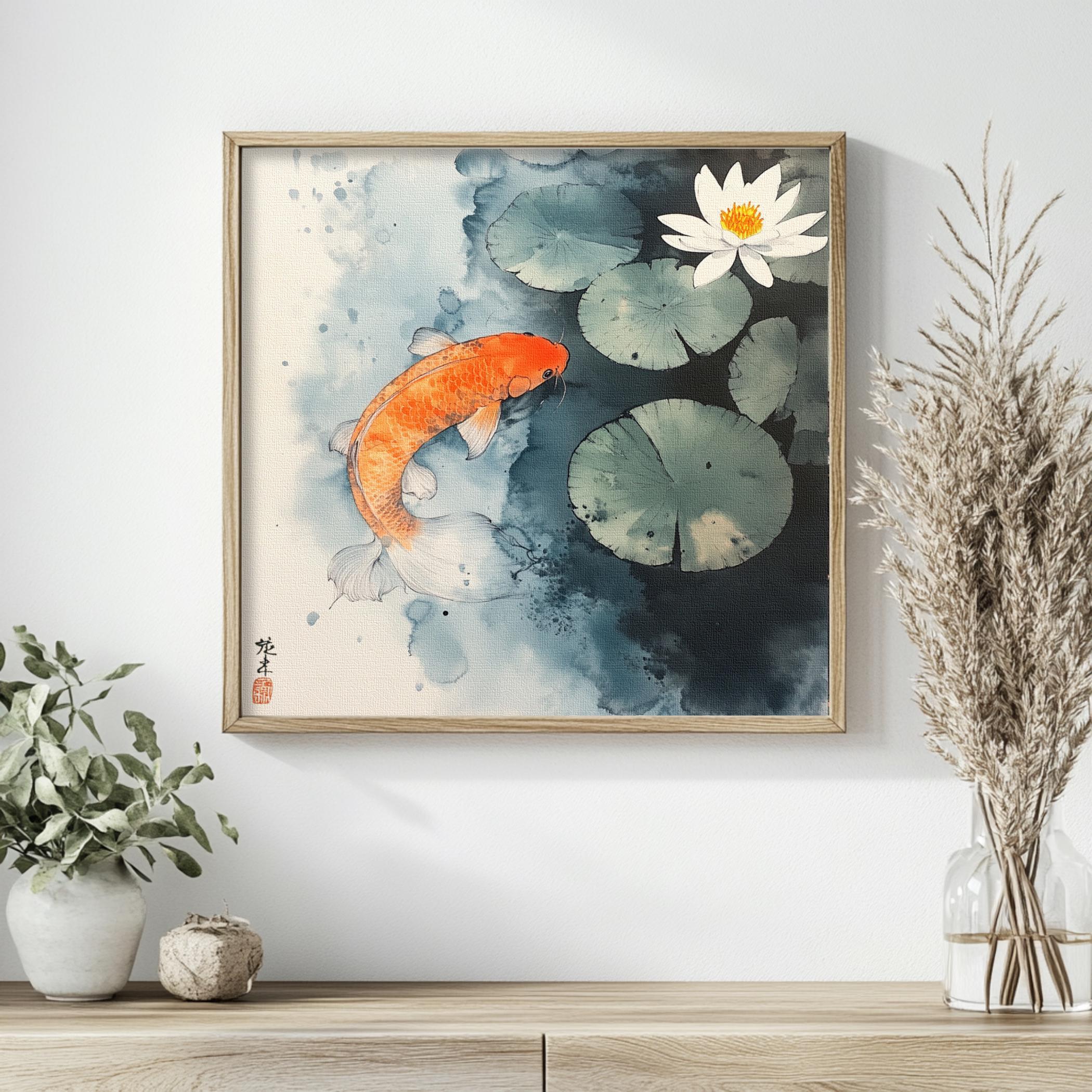Koi Wall Art Japanese Watercolor Print Zen Nature Decor Lotus Pond ...