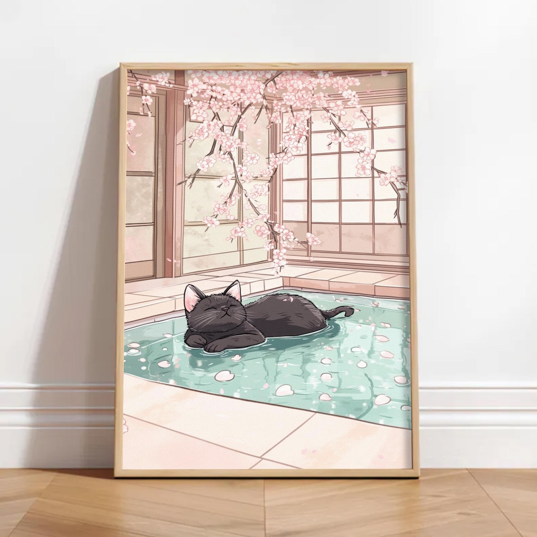 Black Cat in Bathtub, Japanese Bathroom Wall Art, Printable Wall Art ...