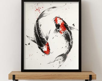 Koivissen kunst Japanse inkt schilderij Zen minimalistische digitale print decor zwart en rood trendy muur kunst vintage print esthetische muurkunst