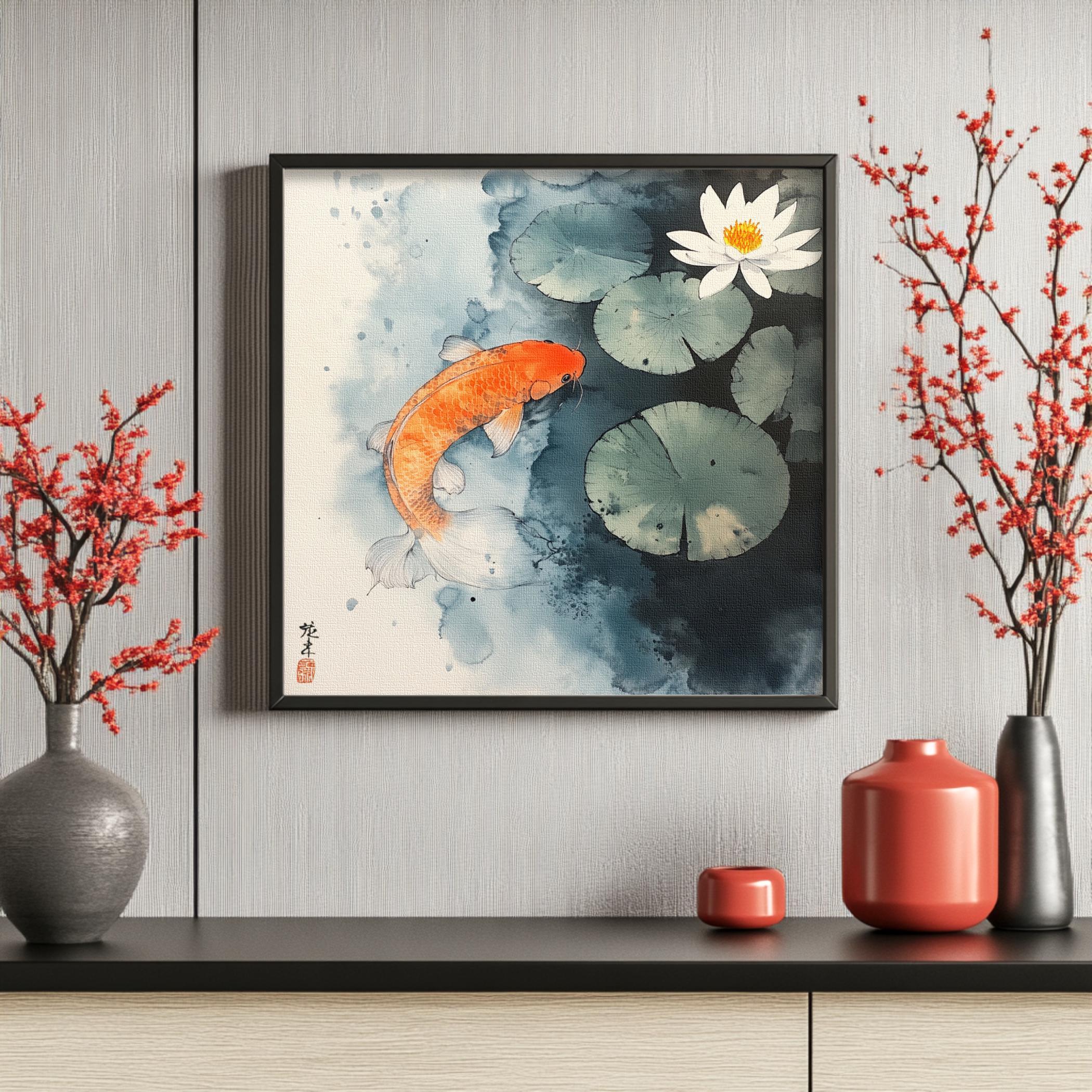 Koi Wall Art Japanese Watercolor Print Zen Nature Decor Lotus Pond ...