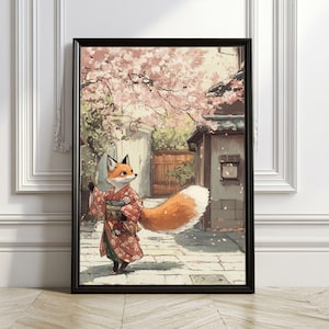Japanese Wall Art Fox, Cherry blossom aesthetic printable art, digital download, Printable Wall Art Beautiful Japanese Inspired