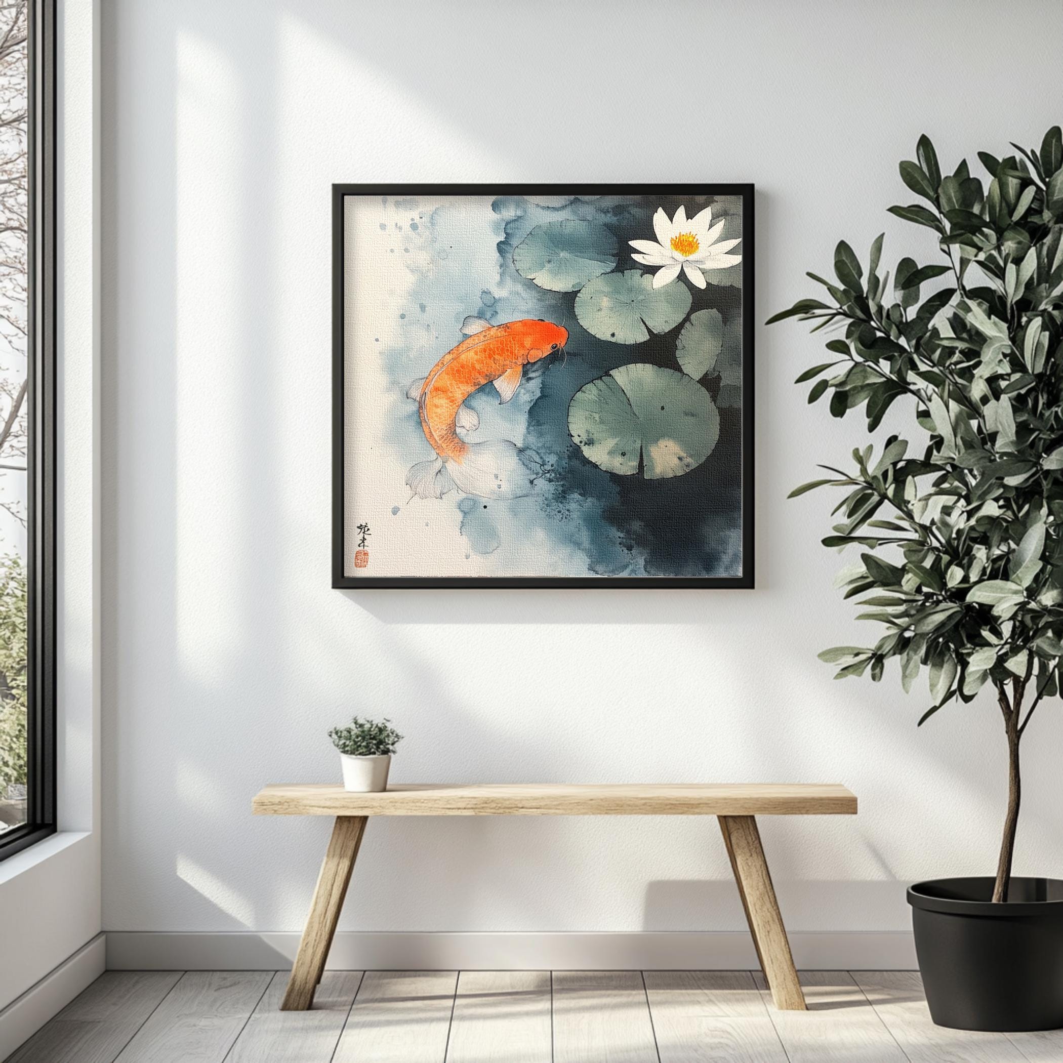 Koi Wall Art Japanese Watercolor Print Zen Nature Decor Lotus Pond ...