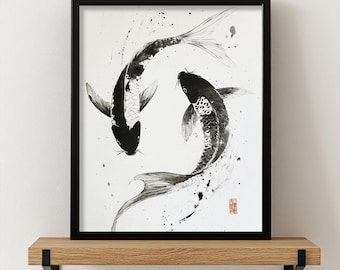 Koi Fisch Kunst Japanische Tuschemalerei Zen Minimalistisch Digitaldruck Dekor Schwarz-Weiß-Trendy Wandkunst Vintage Druck Ästhetische Wandkunst