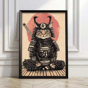 Samurai Cat Wall Art Digital Print Japanese Warrior Cat Print Zen Ninja Decor Vintage Style Download Anime Aesthetic
