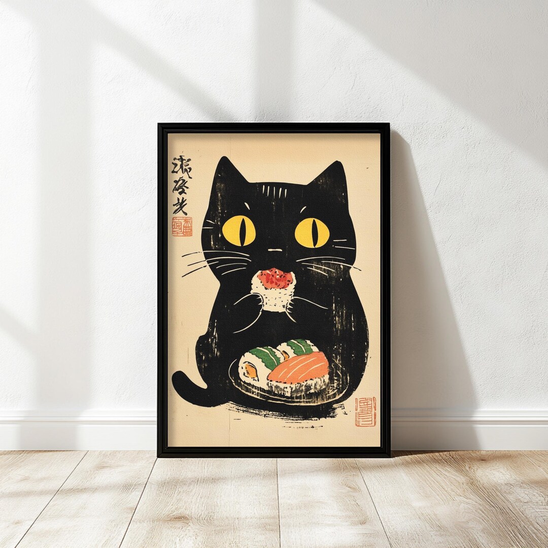 Vintage Cat Poster Funny Black Cat Wall Art Kitchen Decor Japanese 