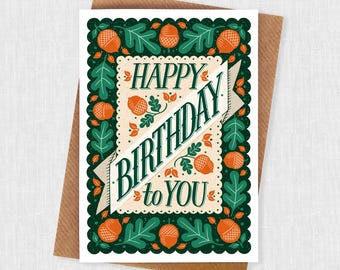 Woodland Acorn and Oak Leaf Birthday Card