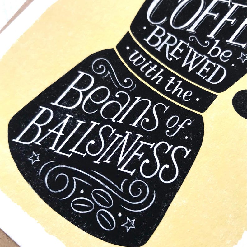 May include: Black and white illustration of a coffee pot with the text "be. coffee. brewed with the beans of ballsiness".