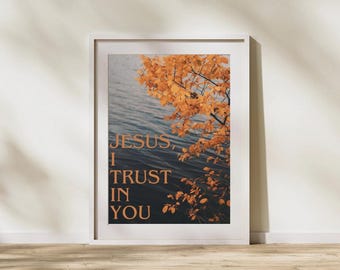 Catholic Fall Leaves Art Print, Jesus I Trust In You (Digital Download)