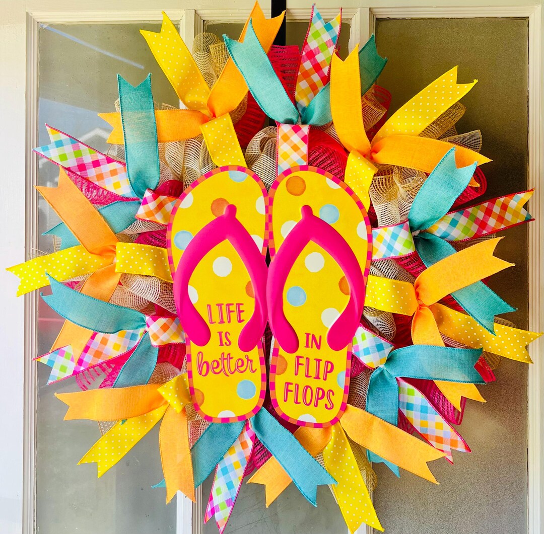 Summer Flip Flop Wreath for Front Door, Bright Beach Wreath, Colorful ...