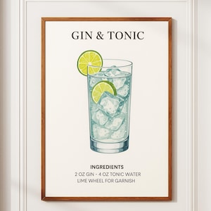 Gin Tonic Poster, cocktail poster, gin tonic poster, cocktail print, kitchen wall art, cocktail wall art, bar cart decor, gin lover gift