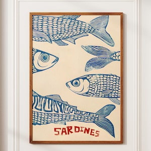 Sardines Print Sardine Tin Vintage Poster Retro Sardines Wall Art Fish Print Eclectic Wall Art Colorful Kitchen Art Maximalist Poster Fisher